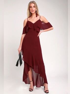 Lulus Caden Cold-Shoulder Burgundy Ruffle High-Low Dress Chiffon Bridesmaid Gown